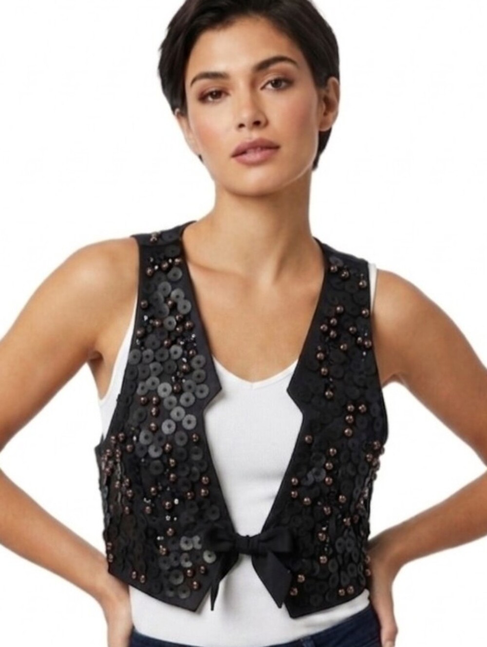 BISOU BISOU Sleeveless Lined Embellished Beaded Vest In Black Size MED